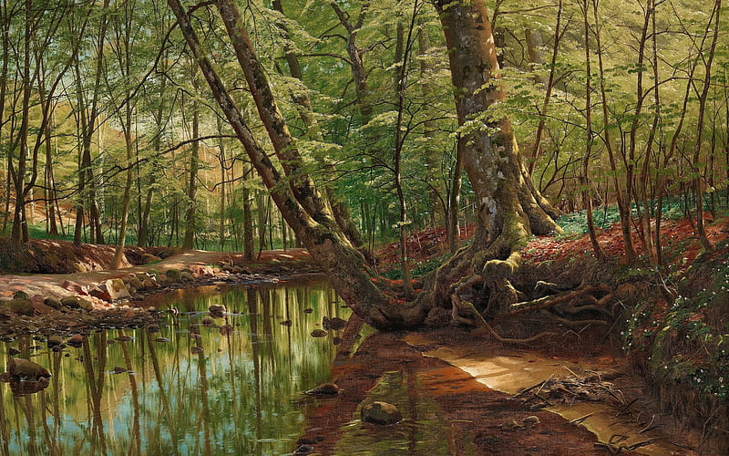 Landscape with river, Forest, Trees, Painting, River, Danish realist painter, HD wallpaper