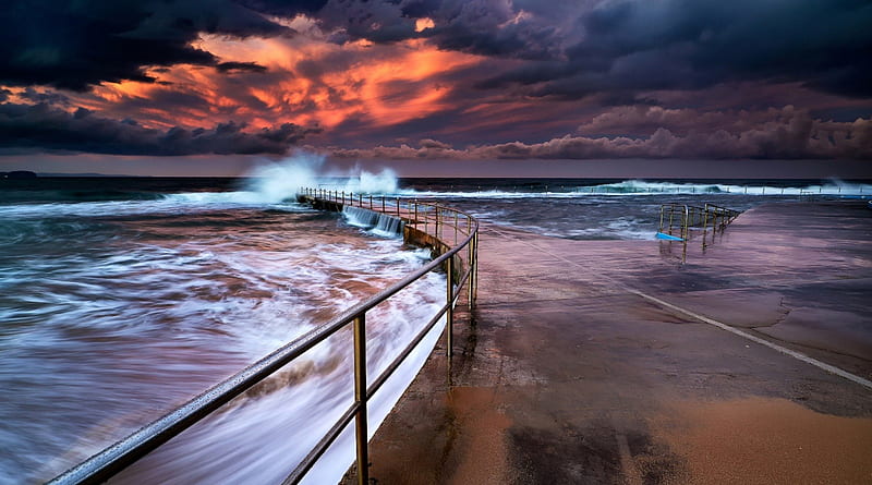 waves crashing on a sea pool, cement, sunset, waves, clouds, pool, rails, sea, HD wallpaper