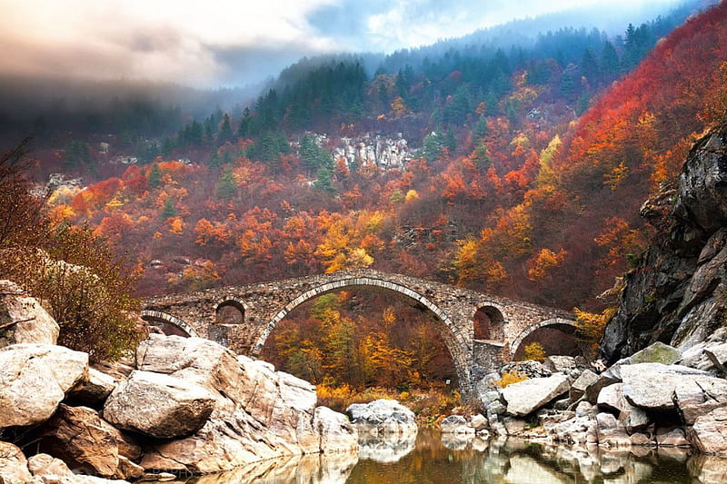 Devil's Bridge, Ardino, Bulgaria, autumn, colors, nature, river, trees, clouds, landscape, HD wallpaper