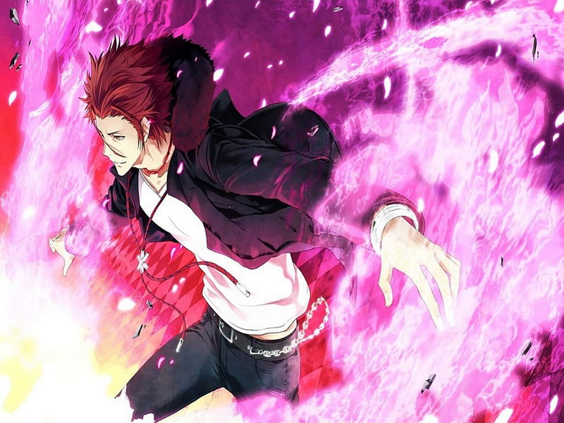Suoh Mikoto, red hair, fire, boy, cool, purple, anime, k project ...