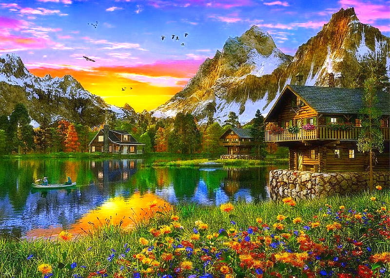 Alpine Sunset, lakes, cottages, love four seasons, attractions in dreams, alps, paintings, mountains, sunsets, summer, flowers, nature, HD wallpaper