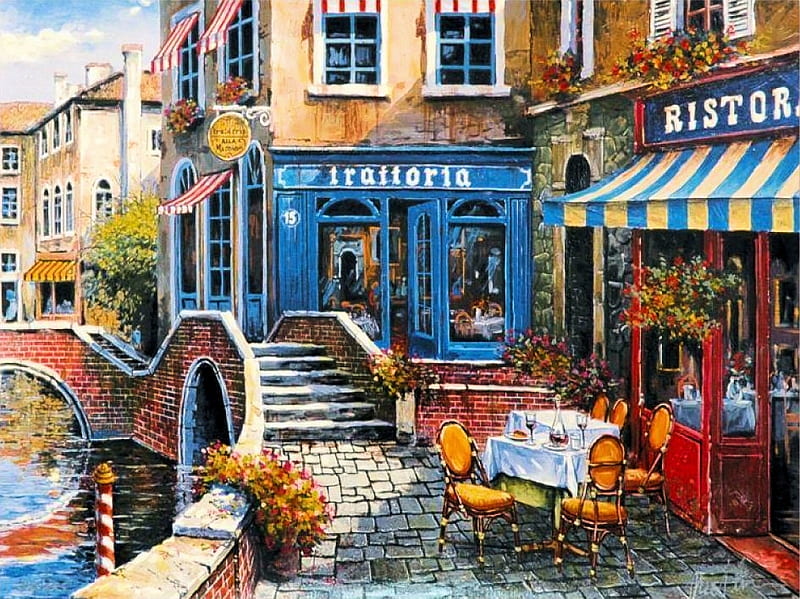 Outdoor Cafe, table, canal, bridges, houses, painting, chairs, venice, artwork, HD wallpaper