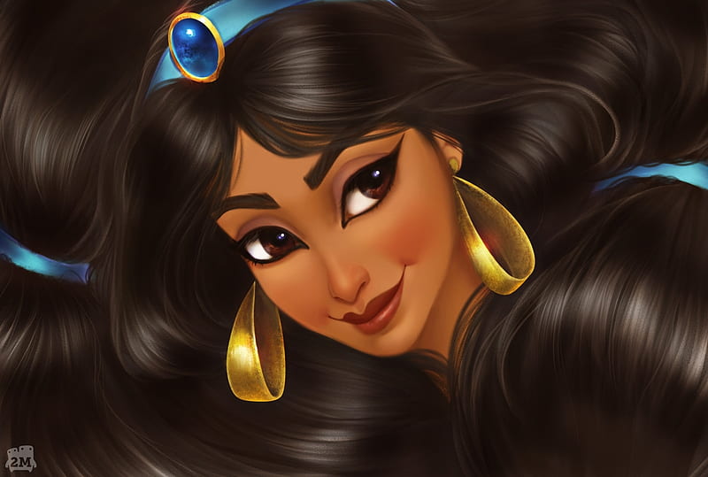 Jasmine, 2minds studio, luminos, golden, earrings, brunette, hair, fantasy, girl, face, jewel, princess, eyes, disney, HD wallpaper