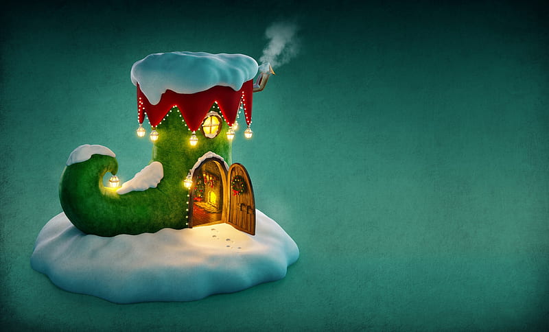 Merry Christmas!, luminos, craciun, green, boot, christmas, elf, creative, card, HD wallpaper