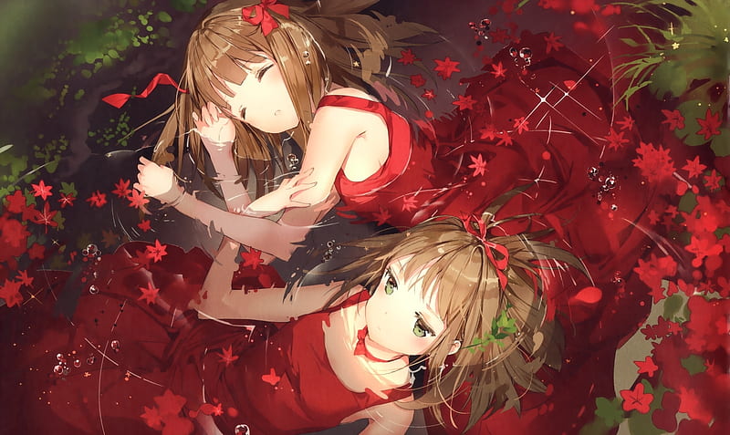 ♣~Maple~♣, Mangaka, Maple Leaves, Anime, bonito, Twins, Anmi, Sweet, Ponytail, Red Ribbon, Red, Red Dress, Floating, Lovely, Girls, Friends, Shrubs, Leaves, Peaceful, Sleeping, Brown Hair, Cute, Water, Green Eyes, Red Flowers, Sisters, HD wallpaper
