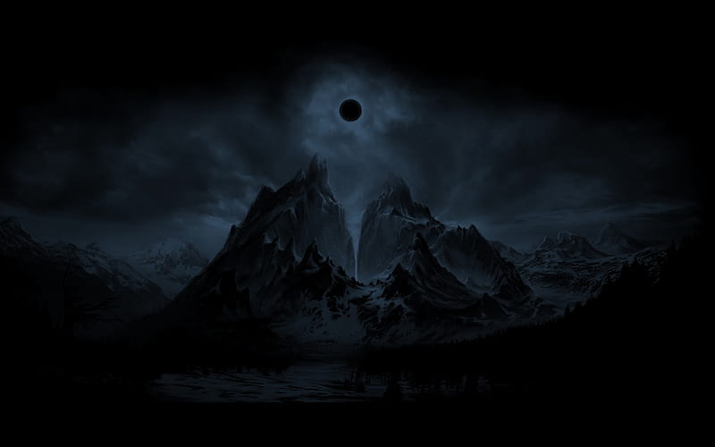 Black mountains, mountain, moon, snow, dark, black, HD wallpaper