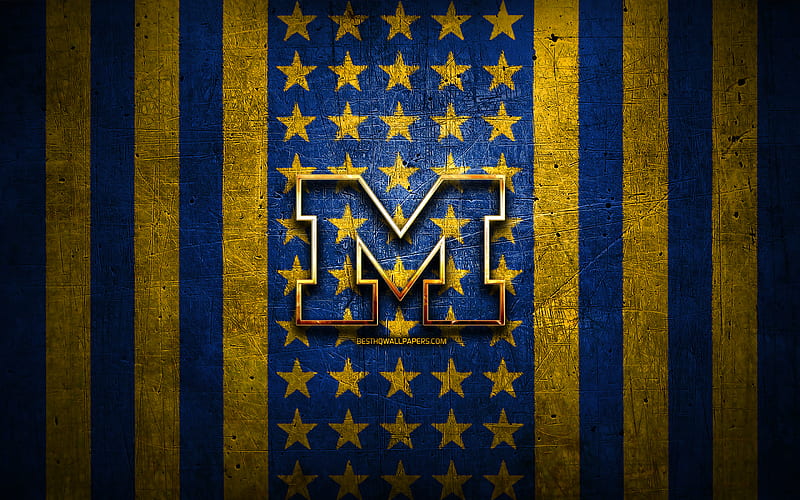 Michigan Wolverines flag, NCAA, blue yellow metal background, american football team, Michigan Wolverines logo, USA, american football, golden logo, Michigan Wolverines, HD wallpaper