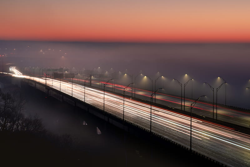 bridge, road, fog, dusk, lights, HD wallpaper