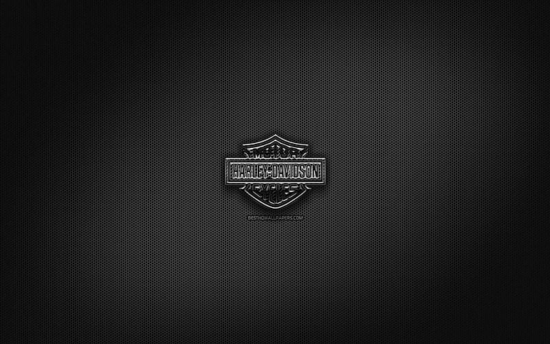 Harley-Davidson black logo, motorcycles brands, creative, metal grid background, Harley-Davidson logo, brands, Harley-Davidson, HD wallpaper