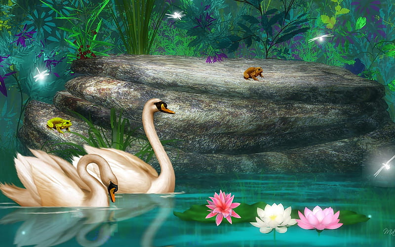 ✰Adorable in Lotus Pond✰, rocks, pretty, adorable, sweet, splendor, grasses, bright, aqua, flowers, forests, pollen, lovely, birds, trees, cute, water, dragonflies, lotus, bonito, seasons, digital art, cyan, leaves, blossom, blooms, pair, couple, animals, frogs, lilies, spring, swans, swim, plants, summer, petals, nature, HD wallpaper