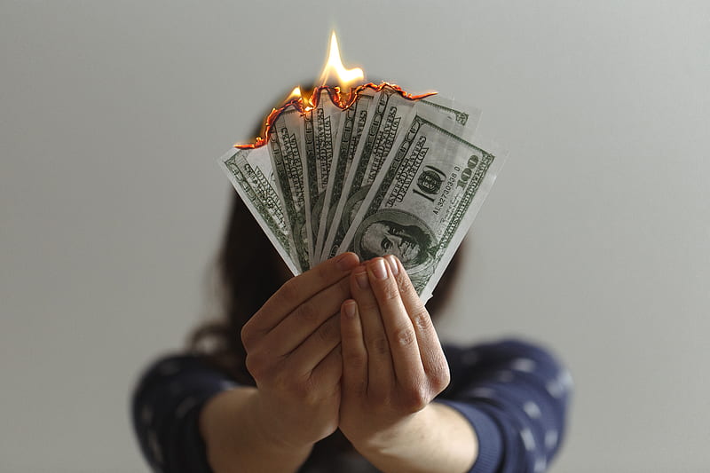 a fan of fake American dollars on fire, HD wallpaper