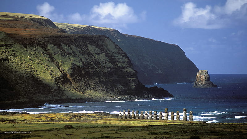 Coast of Easter Island, easter island, graph, rocks, ocean, wallapaper, sky, clouds, wall, sea, statues, monument, nature, island, coast, HD wallpaper