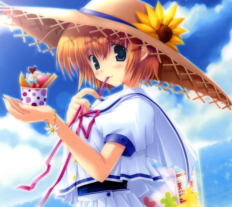 Yummy, pretty, dress, hungry, bonito, eat, sweet, fruit, nice, anime, icecream, hot, beauty, anime girl, female, cloud, lovely, ice cream, food, brown hair, ribbon, blouse, sky, sexy, hat, short hair, cute, girl, sundae, lady, eating, maiden, HD wallpaper