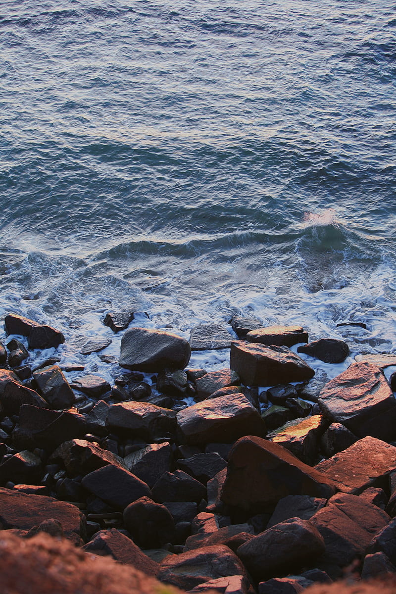 stones, waves, water, sea, shore, HD phone wallpaper