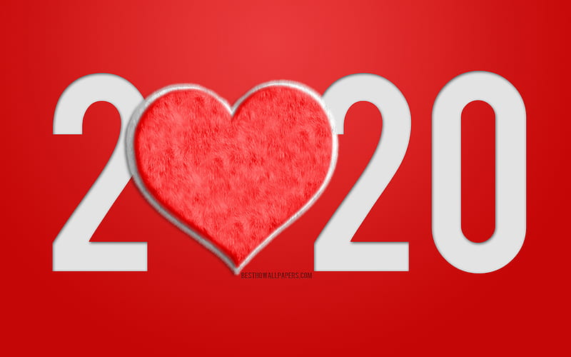 Red 2020 background, Happy New Year 2020, Red fur 2020 background, red fur heart, 2020 New Year, 2020 concepts, HD wallpaper