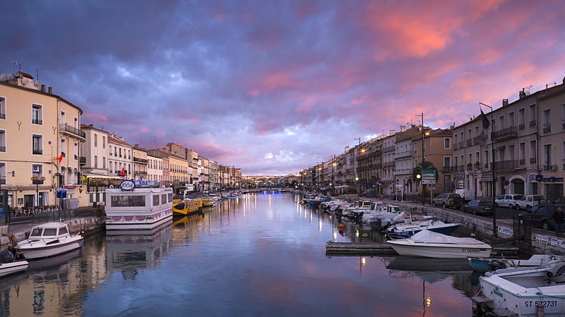 dawn on river through a french town, boats, town, river, clouds, dwan, HD wallpaper