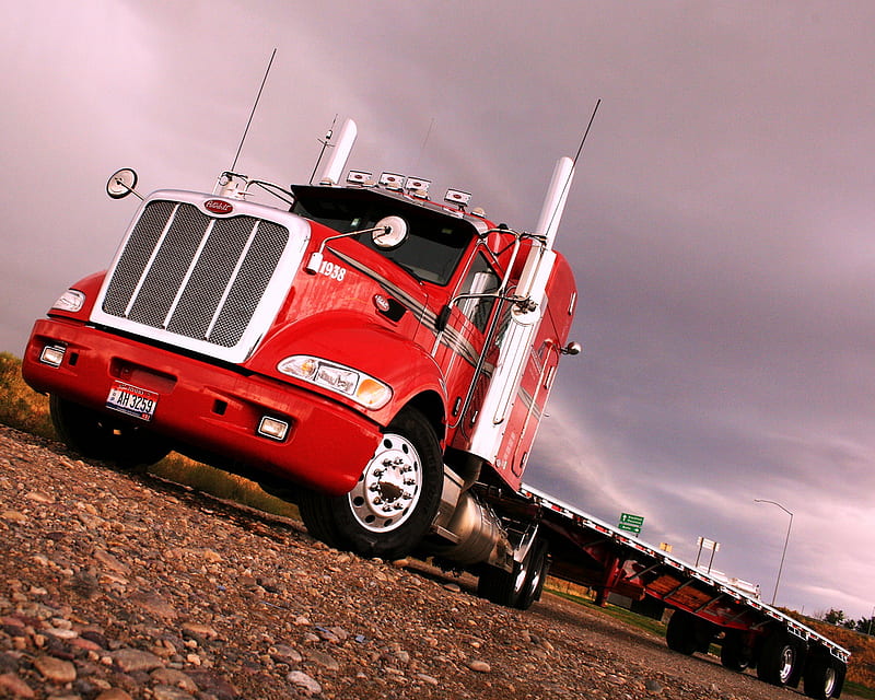 A Peterbilt 386 In Tow With A Spread Axle Flatbed Trailer, big rigs, trucks, 18wheelers, HD wallpaper