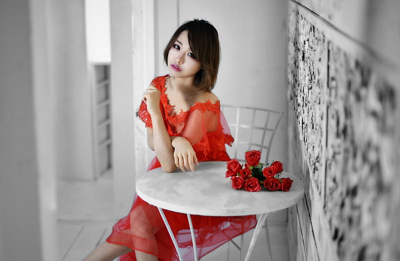 Asian Girl Ultra, Girls, Girl, Flowers, Romantic, Asian, reddress, redroses, HD wallpaper