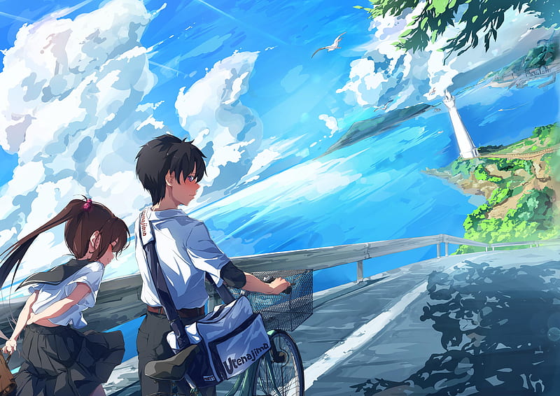 schoolchildren, couple, walk, clouds, anime, art, cartoon, HD wallpaper