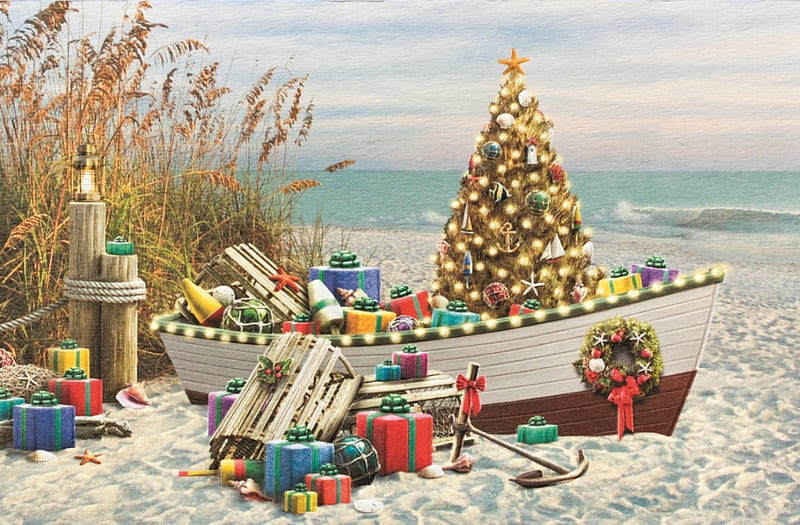 Nautical Christmas, beach, boat, tree, painting, artwork, lights, sea, gifts, HD wallpaper