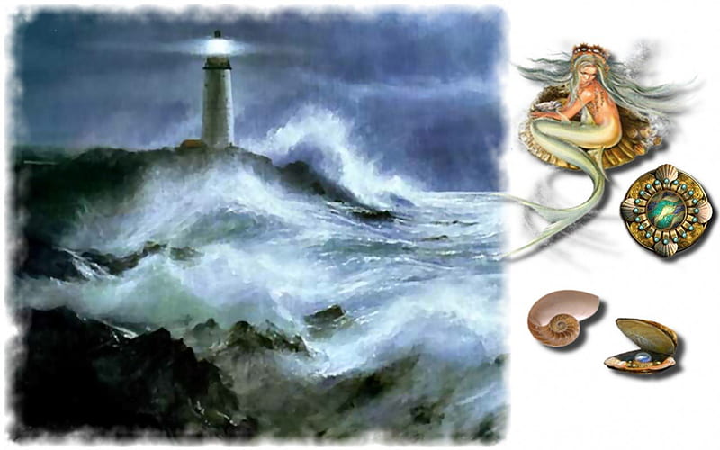 Mermaid and Lighthouse 2, art, mermaid, artwork, lighthouse, pearl, shell, painting, wide screen, computer graphics, oyster, HD wallpaper
