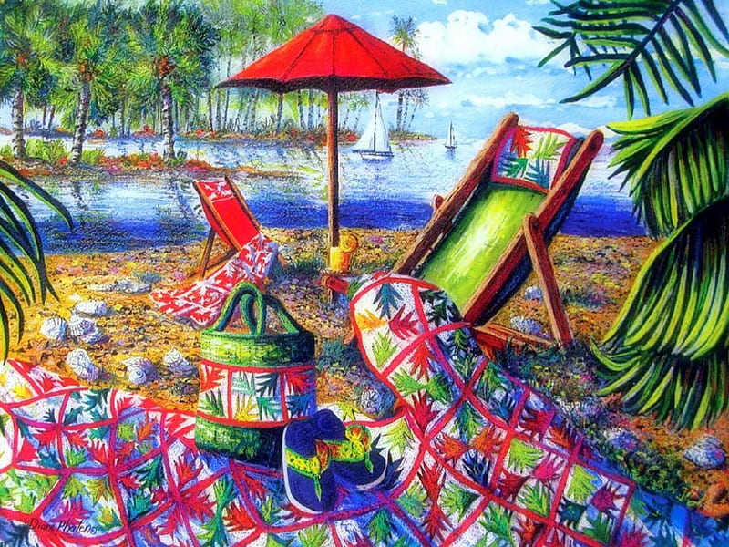 ★Beach Retreat★, colorful, stunning, slippers, bonito, sea, paintings, drawings, picnic bag, colors, love four seasons, places, creative pre-made, canvas bed, beaches, summer, nature, relaxing, sailboats, HD wallpaper