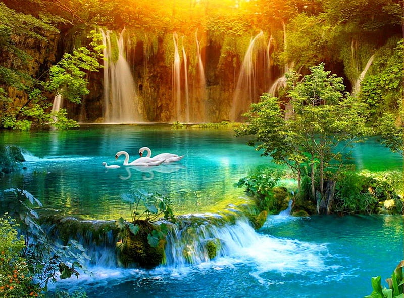 Paradise waterfall, pretty, glow, bonito, cascades, nice, waterfall, blue, lovely, sunlight, golden, emerald, swans, lake, water, paradise, rays, sunshine, hop, nature, HD wallpaper
