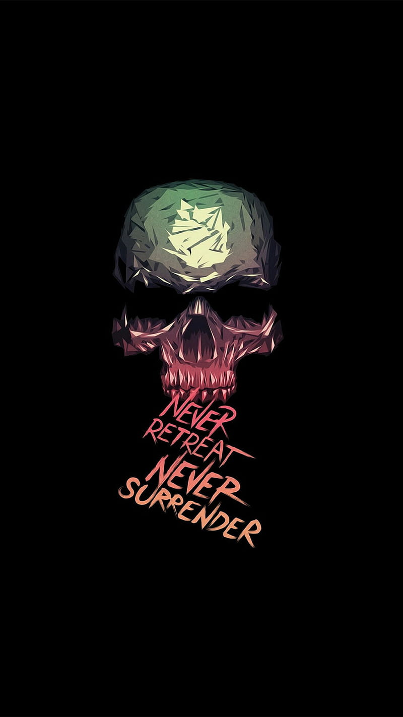 Skull, black, halloween, never, neverretreat, neversurrender, quote, retreat, spooky, surrender, HD phone wallpaper