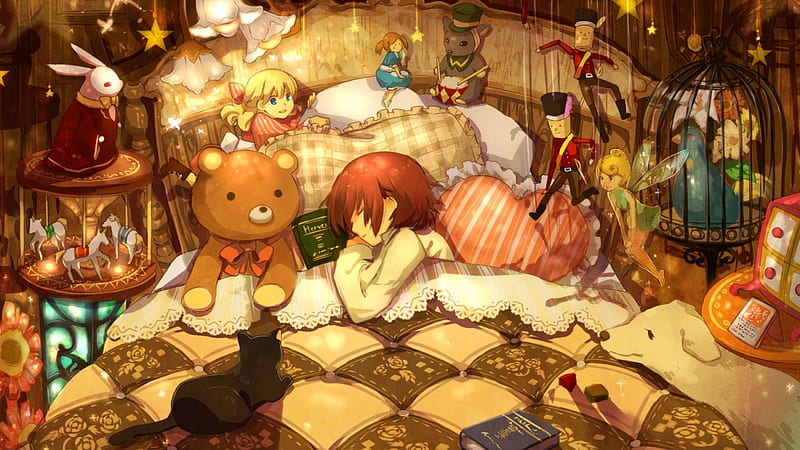 Toys on bed, toy, bear, cat, woman, doll, bed, girl, anime, bunny, dog, HD wallpaper