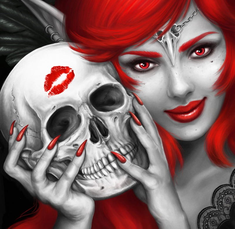 Kiss of Death, red, hair, girl, bonito, imprint, lips, skull, kiss, HD wallpaper