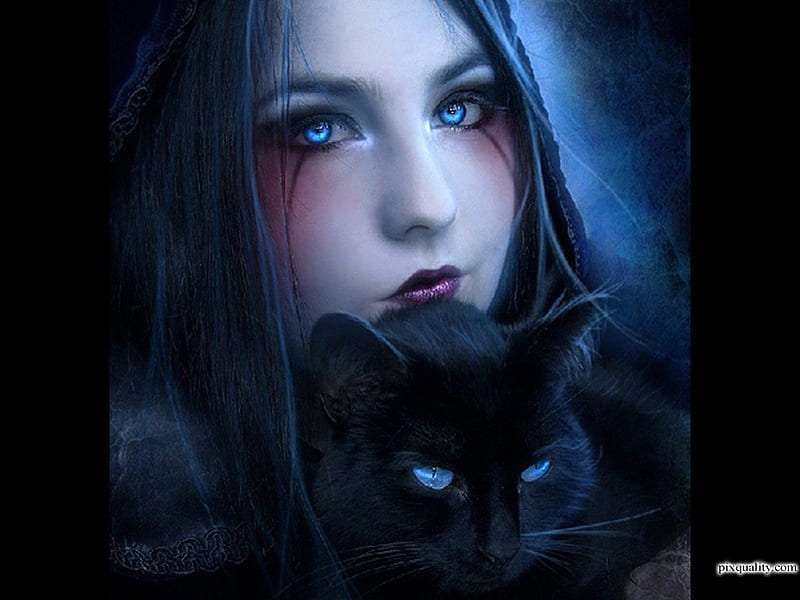 .Gothic Girl and Black Cat., fear, pretty, colorful, friend, cg, noir, together, charm, bonito, adorable, woman, sweet, fantasy, splendor, darkness, gothic girl and black cat, face, blue eyes, animals, colors, black, cat, lips, cool, girl, purple, dark, eyes, HD wallpaper