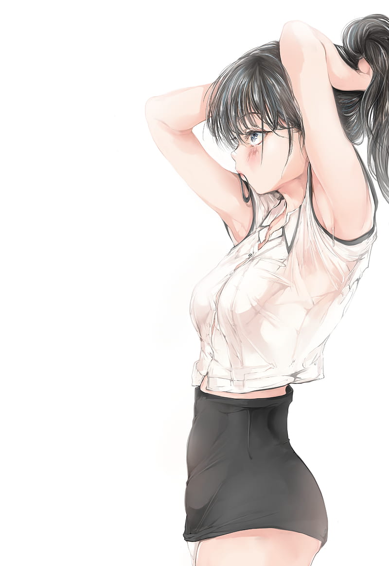 artwork, sweaty body, arms up, anime girls, dark hair, Mamimi, HD phone wallpaper