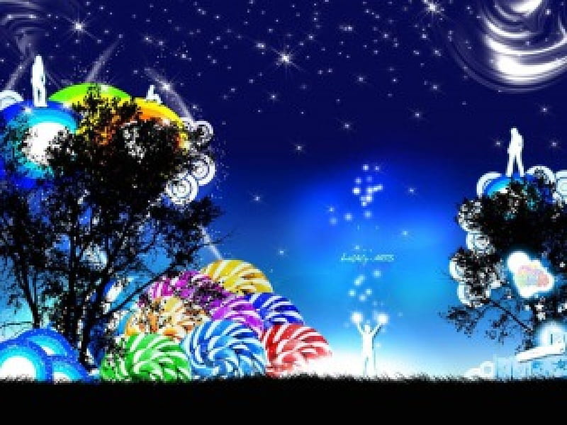 3D Vector, stars, people, circles, colors, swirls, silhouette, trees, vector, HD wallpaper