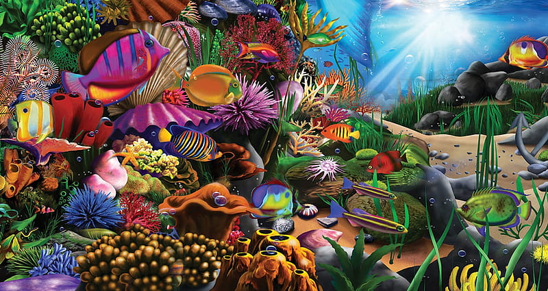 Underwater, coral, colorful, art, exotic, luminos, fish, orange, peste, vara, green, summer, pink, HD wallpaper