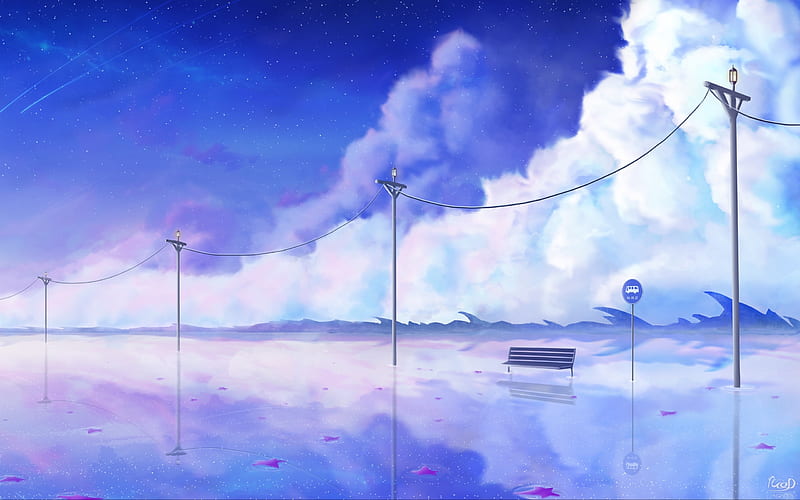 Anime landscape, clouds, bench, reflection, water, falling stars, Anime, HD  wallpaper | Peakpx