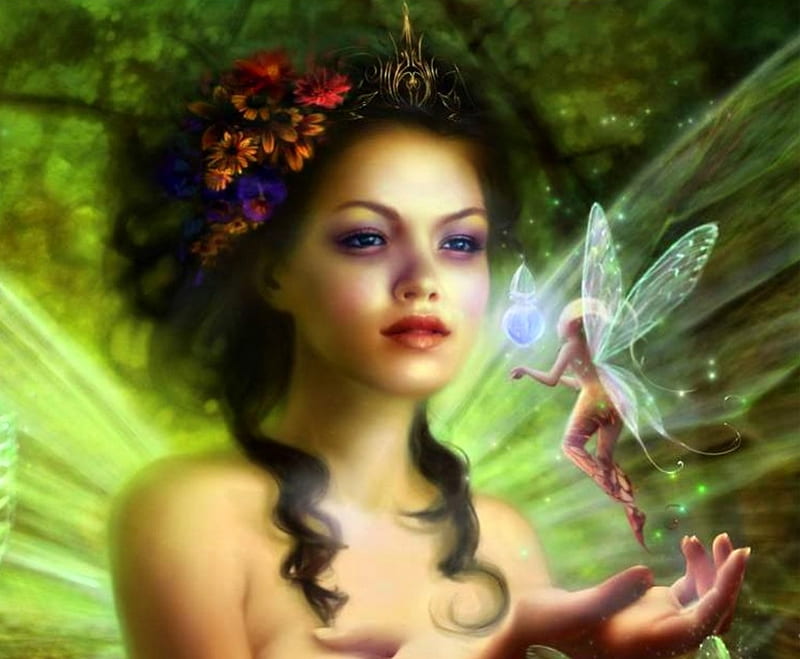 Fairy, art, wings, luminos, woman, melanie delon, fantasy, girl, green, hand, flower, face, HD wallpaper