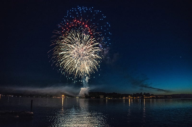 Fireworks Explosion Above Water Body , fireworks, graphy, HD wallpaper