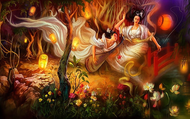 ★Angels Playing Music★, rocks, Oriental, grasses, flowers, face, art, migrate, flying, garden, lotus, jolly, charm, bonito, leaves, parks, sacred, bridge, gentle, melodic, smoke, night, female, necklace, music, lamps, lilies, butterflies, soft, move, Fantasy, roses, barrette, hold, holy, tender touch, bracelet, pretty, women, angels, sweet, lights, paintings, splendor, intelligence, lovely, happiness, earrings, trees, lips, jewelry, cute, cool, guitar, eyes, colorful, dress, divine, hair, lotus pond, fairies, girls, Asian, playing, colors, dresses, wisdom, HD wallpaper