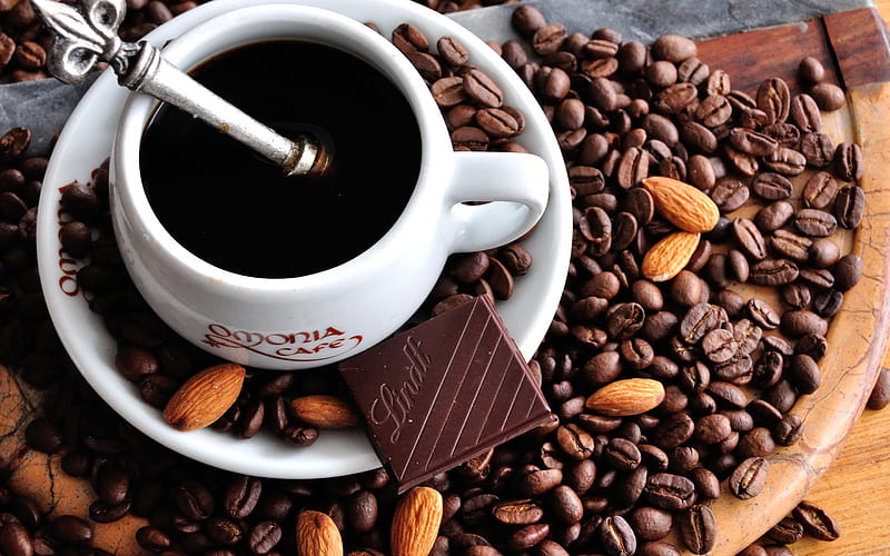 up of coffee, coffee beans, white cup with coffee, coffee concepts, chocolate, HD wallpaper
