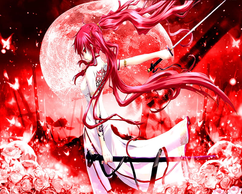 Darkness Red Sword !, red eye, red, dress, rose, wing, fantasy, moon, butterfly, blade, samurai, anime, anime girl, weapon, long hair, sword, star, female, wings, red hair, abstract, girl, flower, HD wallpaper
