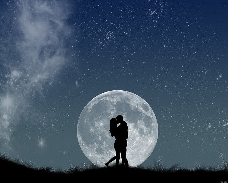 Moonlight Kiss, lovers, stars, moon, silhouette, sky, kiss, HD wallpaper