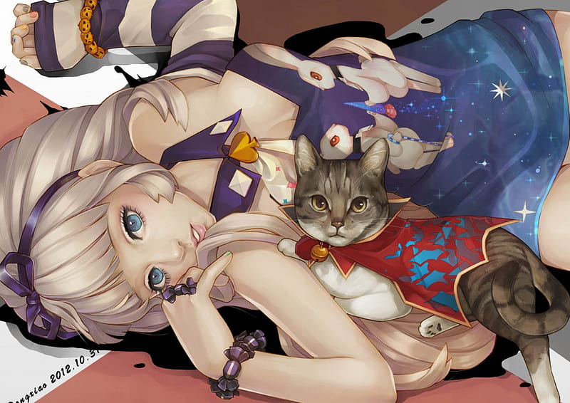 Anime, realstic, bell, cat, blue, HD wallpaper