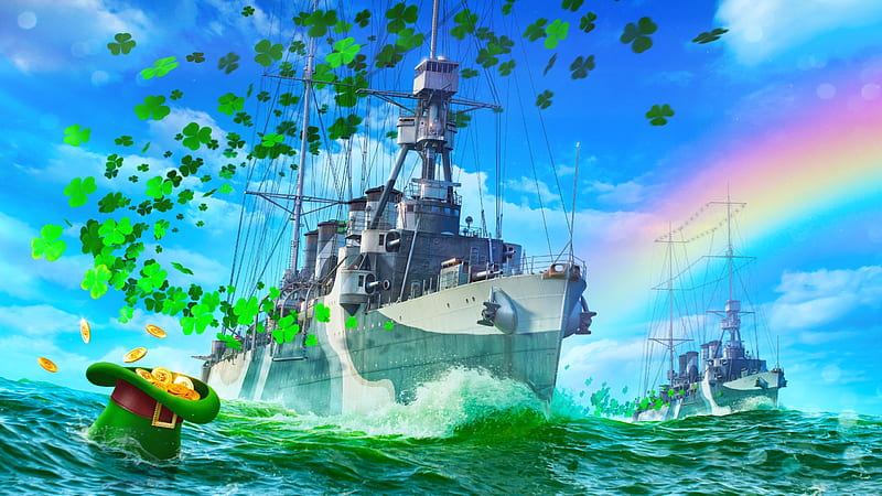 World of Warship, luminos, game, rainbow, sea, hat, fantasy, water, green, ship, clover, st patrick, blue, HD wallpaper