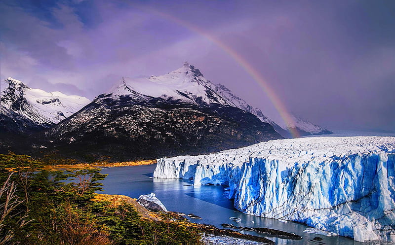 Rainbow Over The Glacier, forest, glacier, bonito, rainbow, clouds, water, mountains, ice, Perito Moreno, snowy peaks, HD wallpaper