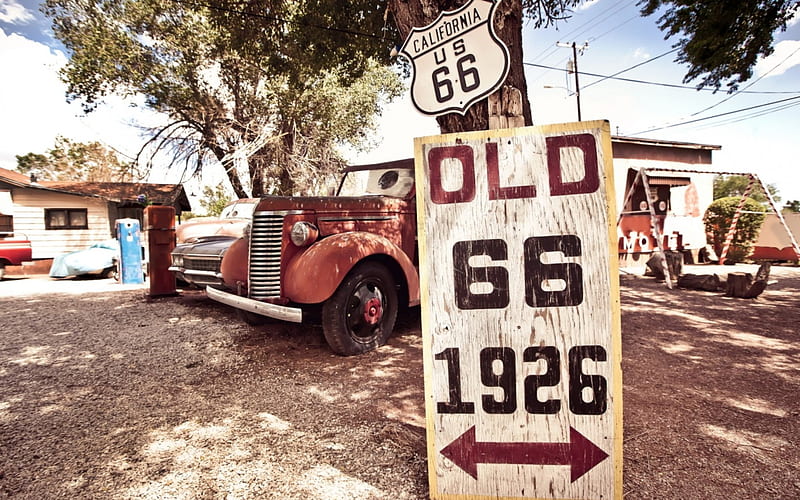 historic route 66, tree, junk, sign, truck, yard, HD wallpaper