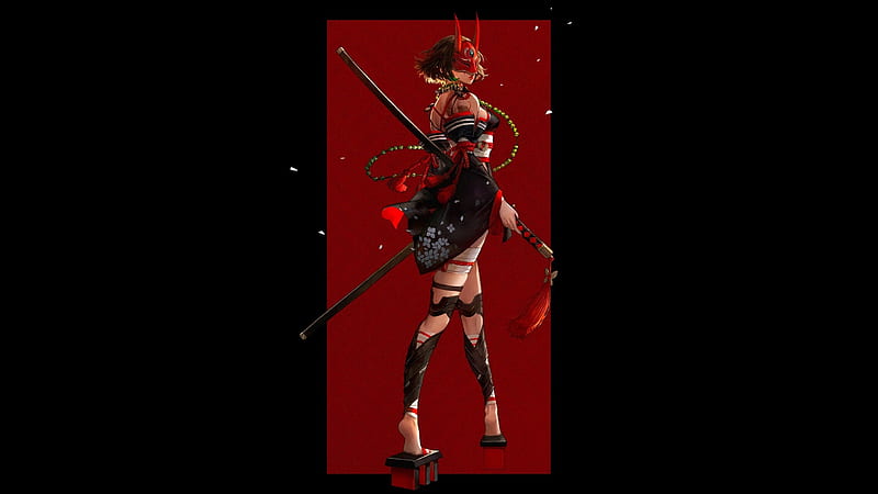 Demon samurai, katana, sword, red, demon, samurai, girl, black, HD wallpaper