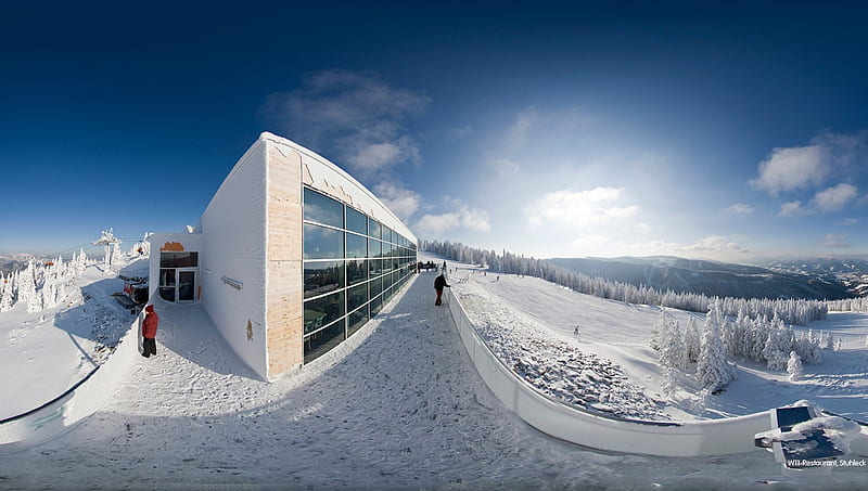 panoramic view of the top of a ski lift, mountain, glass, sun, lift, ski, winter, panorama, HD wallpaper