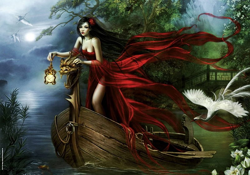 The Ferry, boat, bird, woman, artwork, HD wallpaper