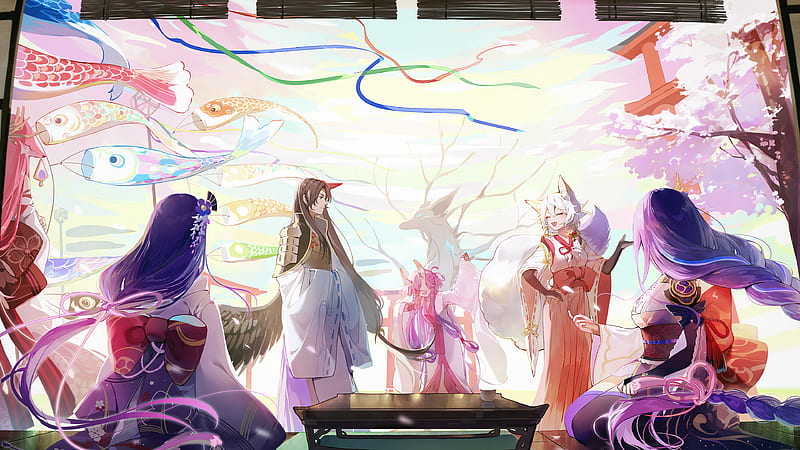 Baal Raiden Shogun Kitsune Saiguu Mikoshi Chiyo Raiden Makoto Sasayuri Genshin Impact, HD wallpaper