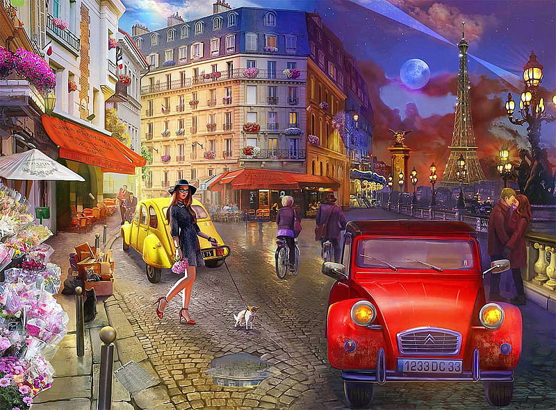A Stroll in Paris, artwork, street, dog, lanterns, houses, bicycle, moon, girl, restaurant, people, car, digital, HD wallpaper